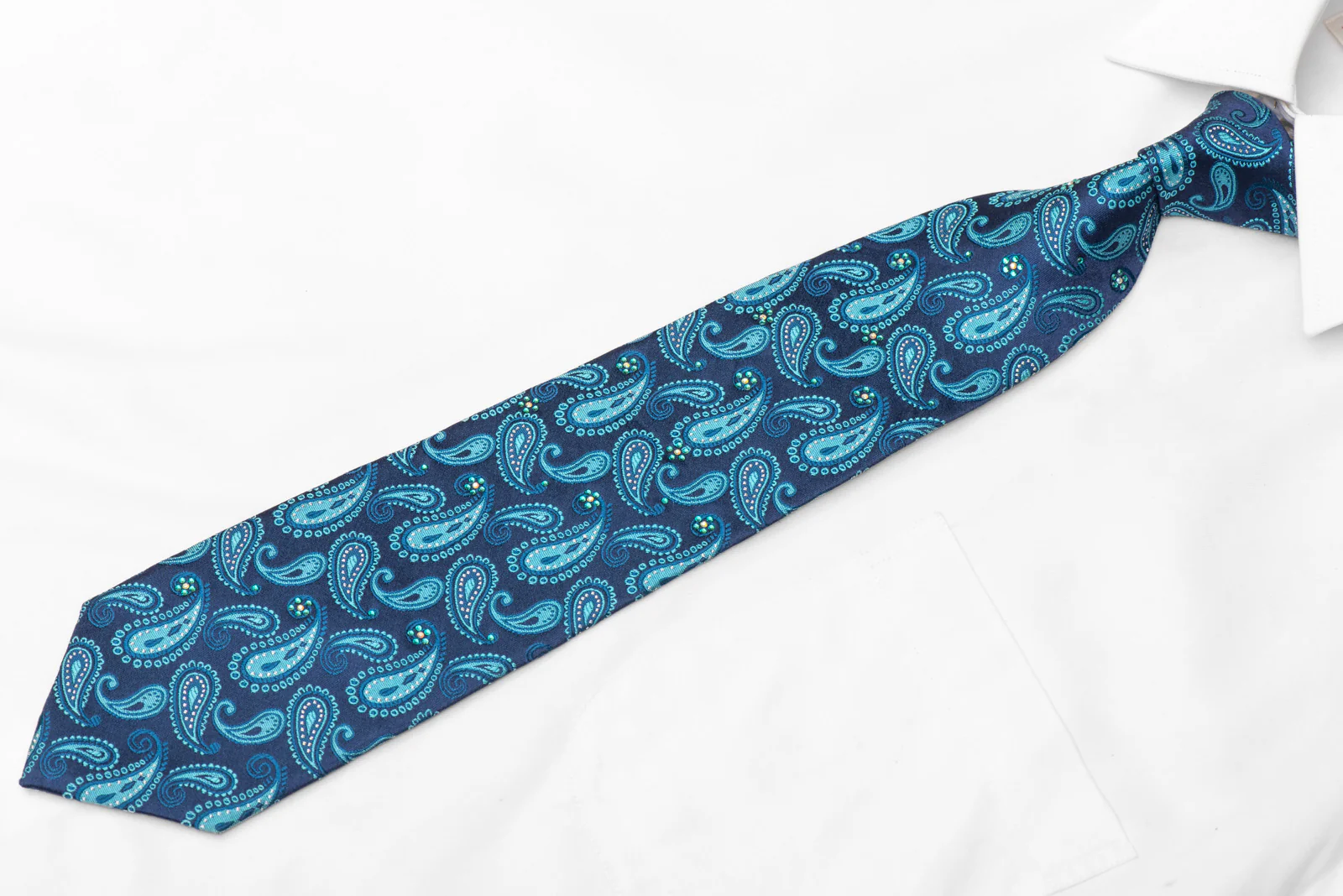 Paisley Blue Rhinestone Silk Necktie with Silver Sparkles. - Image 3