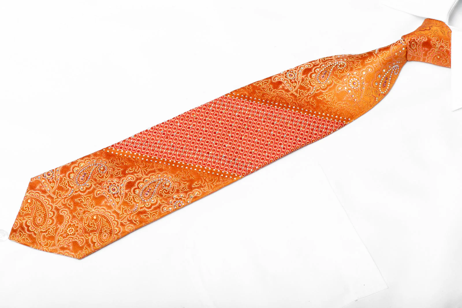 Paisley On Orange Rhinestone Silk Tie With Silver Sparkles - Image 2