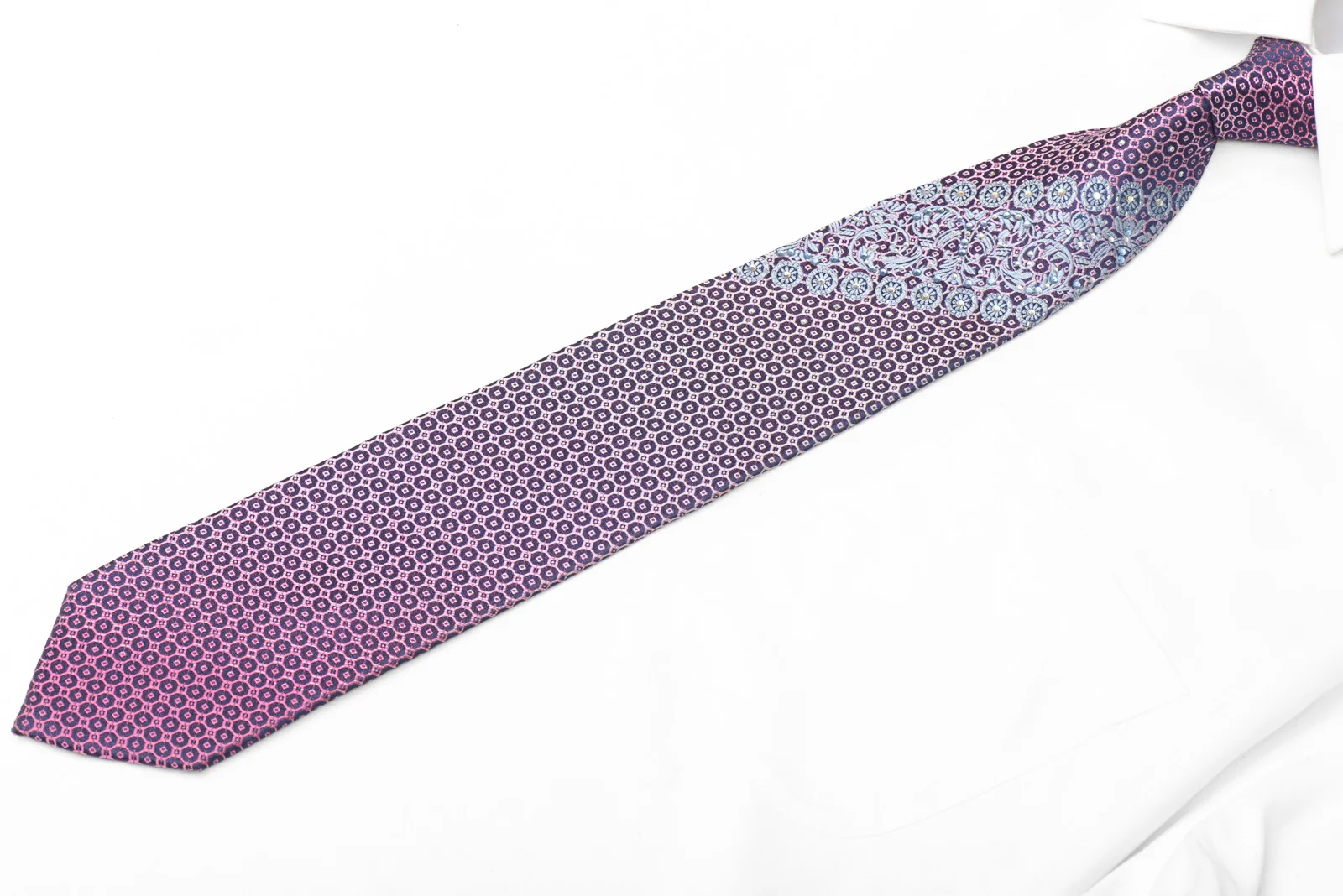 Silver Cartouche Violet Geometric On Blue Rhinestone Silk Tie - Image 3