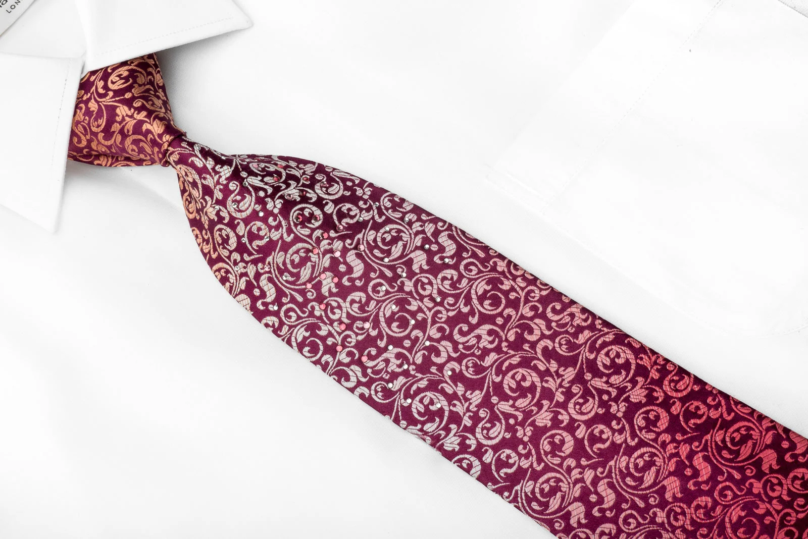 Park Land Men's Crystal Rhinestone Necktie Orange Acanthus On Burgundy Silk - Image 3