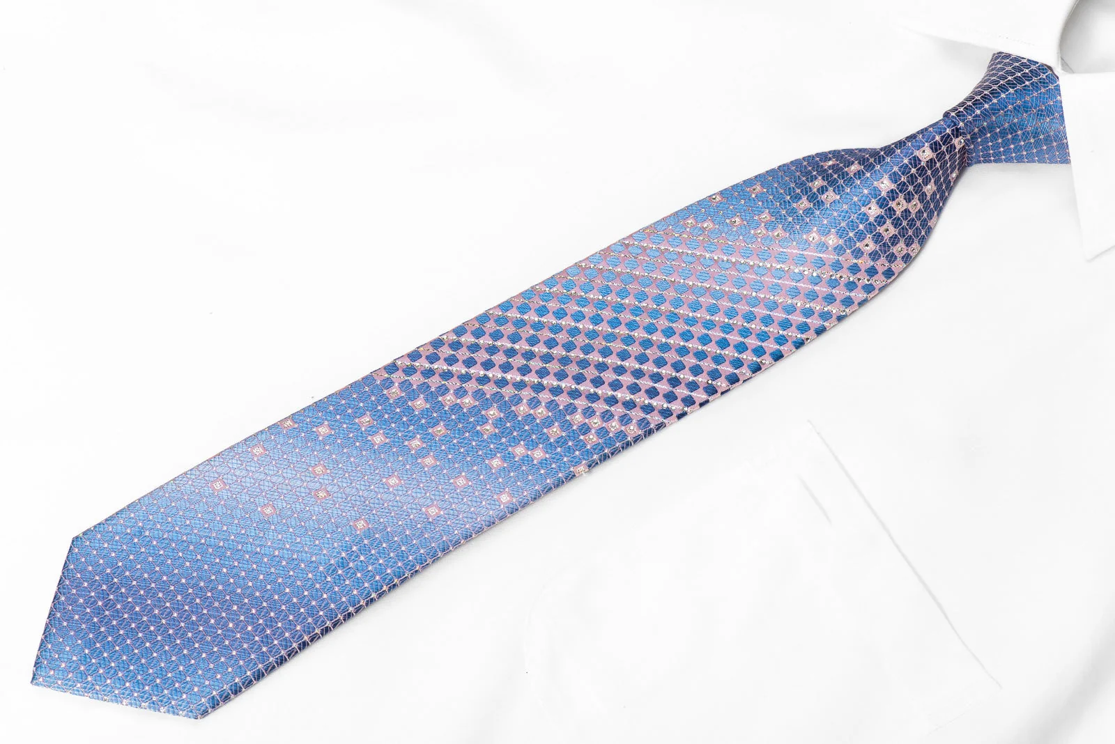 Park Land Men's Crystal Silk Necktie Mauve Trellis On Blue With Sparkles - Image 2