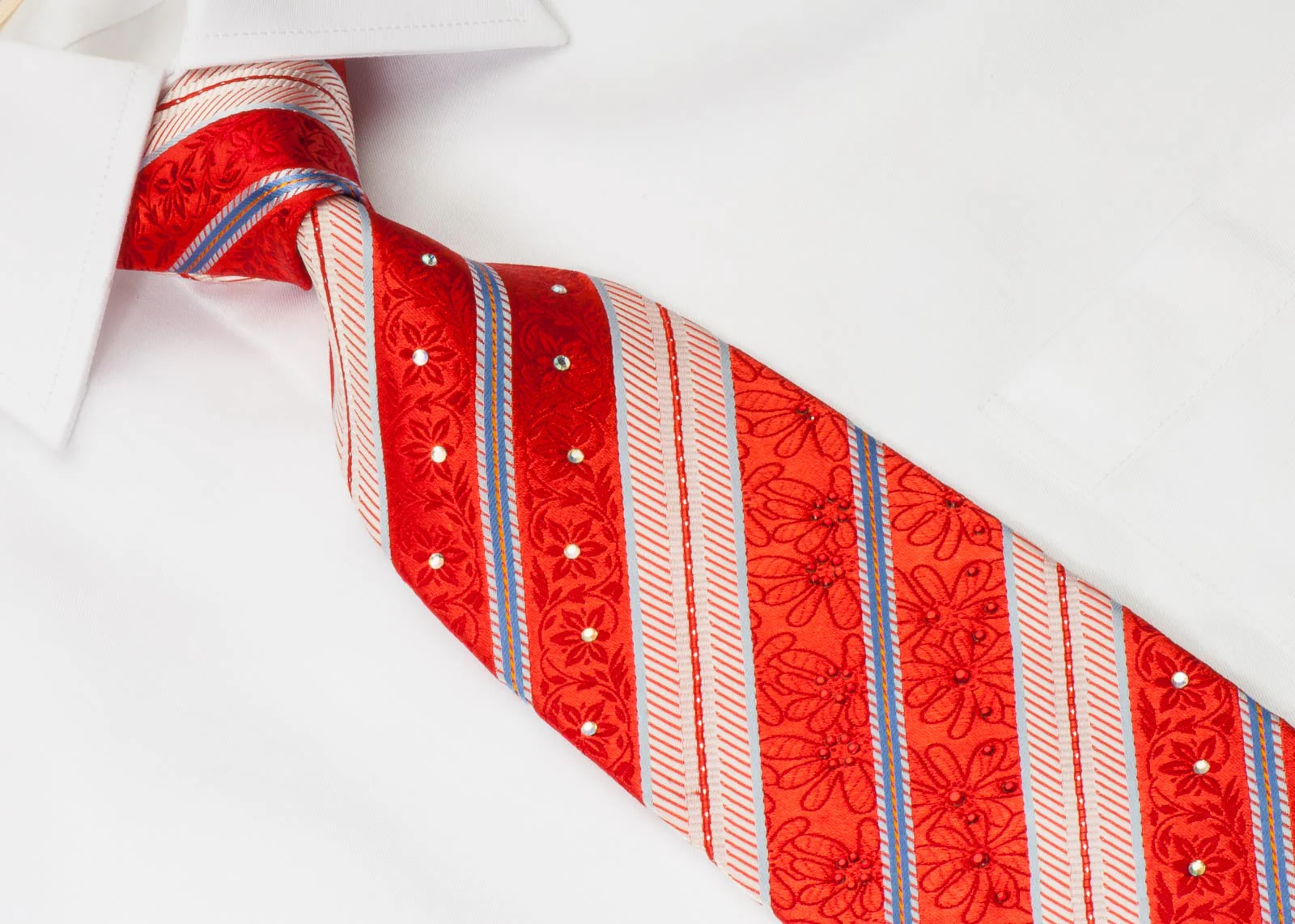 Park Land Men's Rhinestone Silk Necktie Cream Blue Stripes On Red With Silver Sparkles