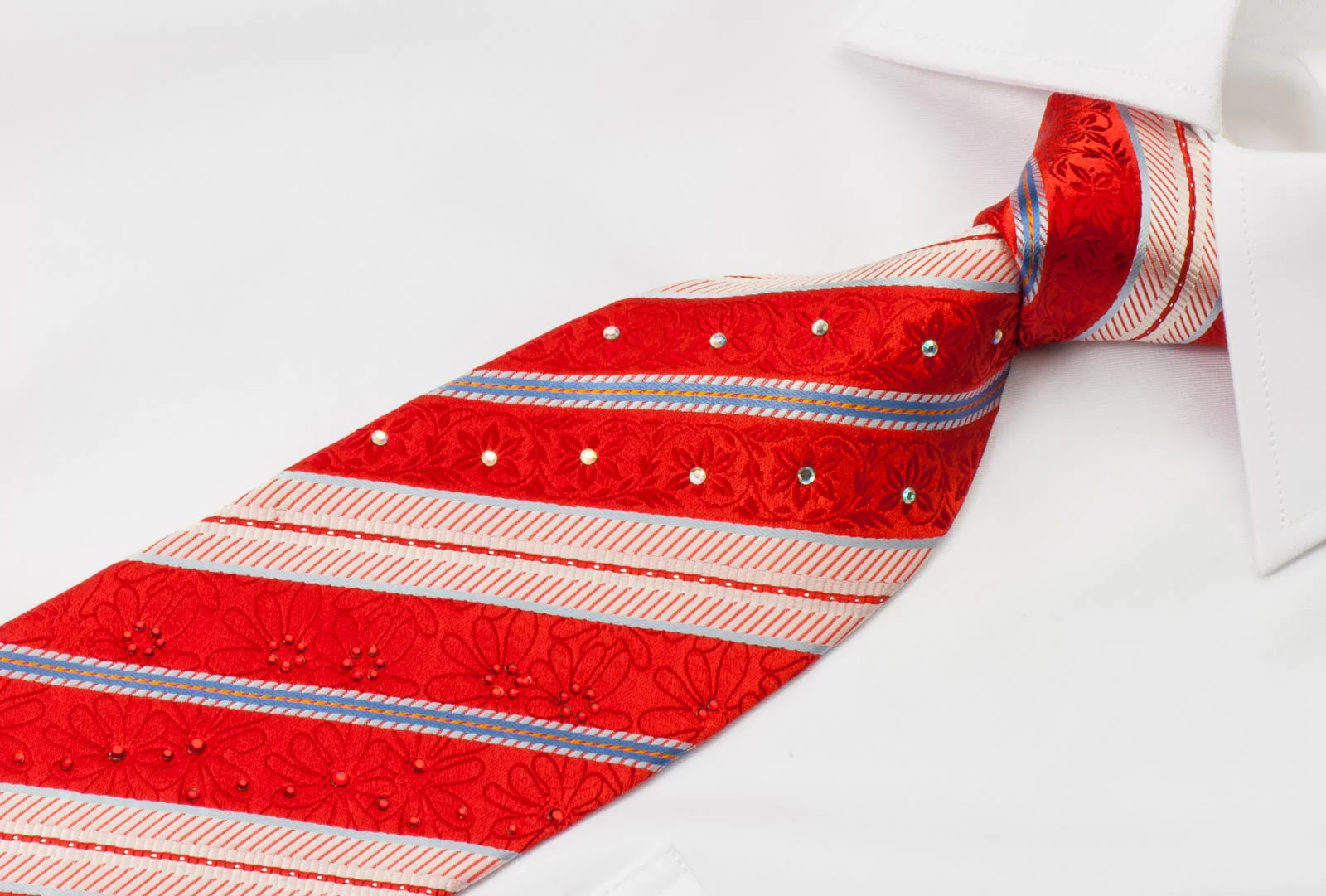 Park Land Men's Rhinestone Silk Necktie Cream Blue Stripes On Red With Silver Sparkles - Image 3