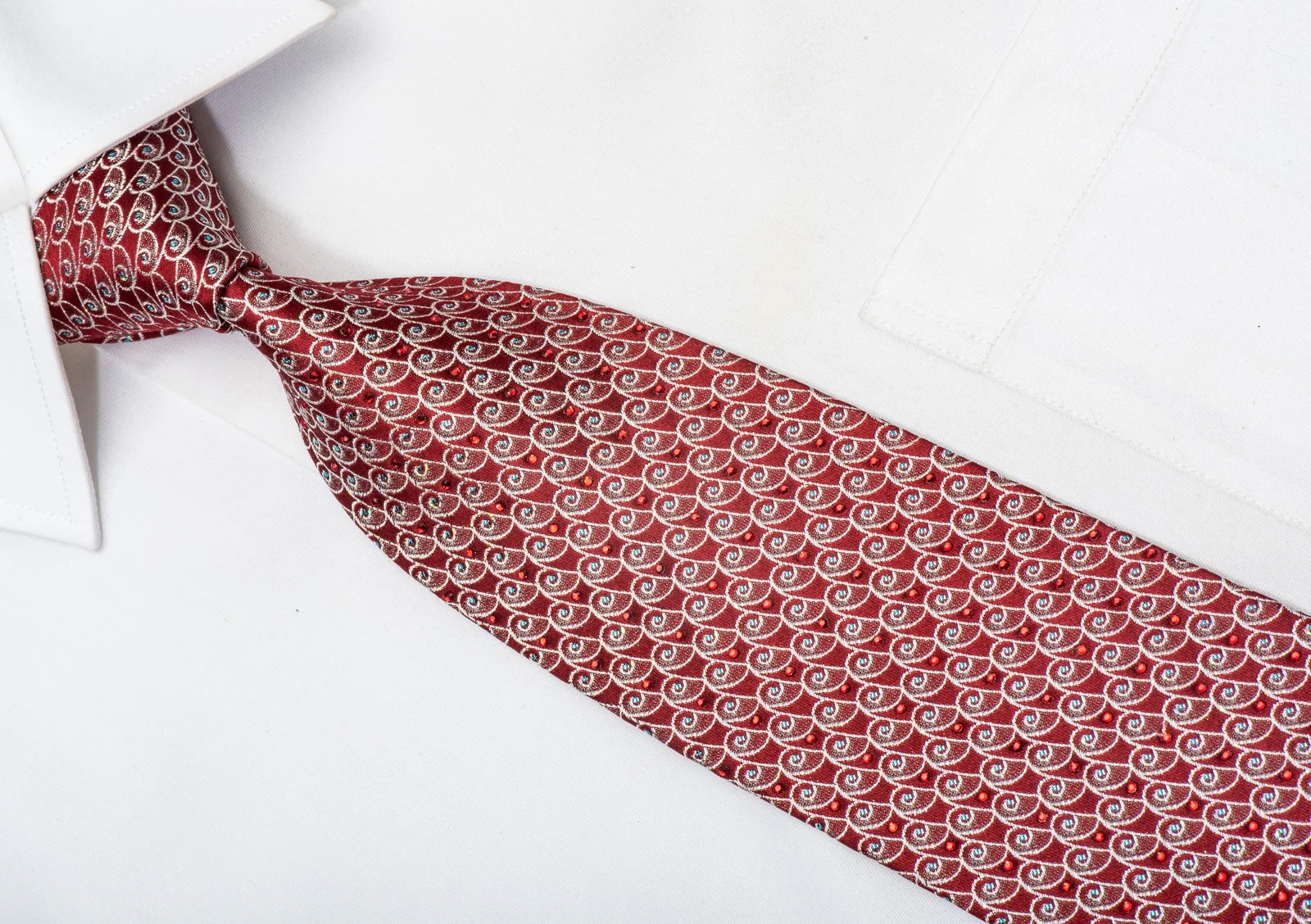 Park Land Men's Rhinestone Silk Necktie Silver Curls On Burgundy With Silver Sparkles - Image 2