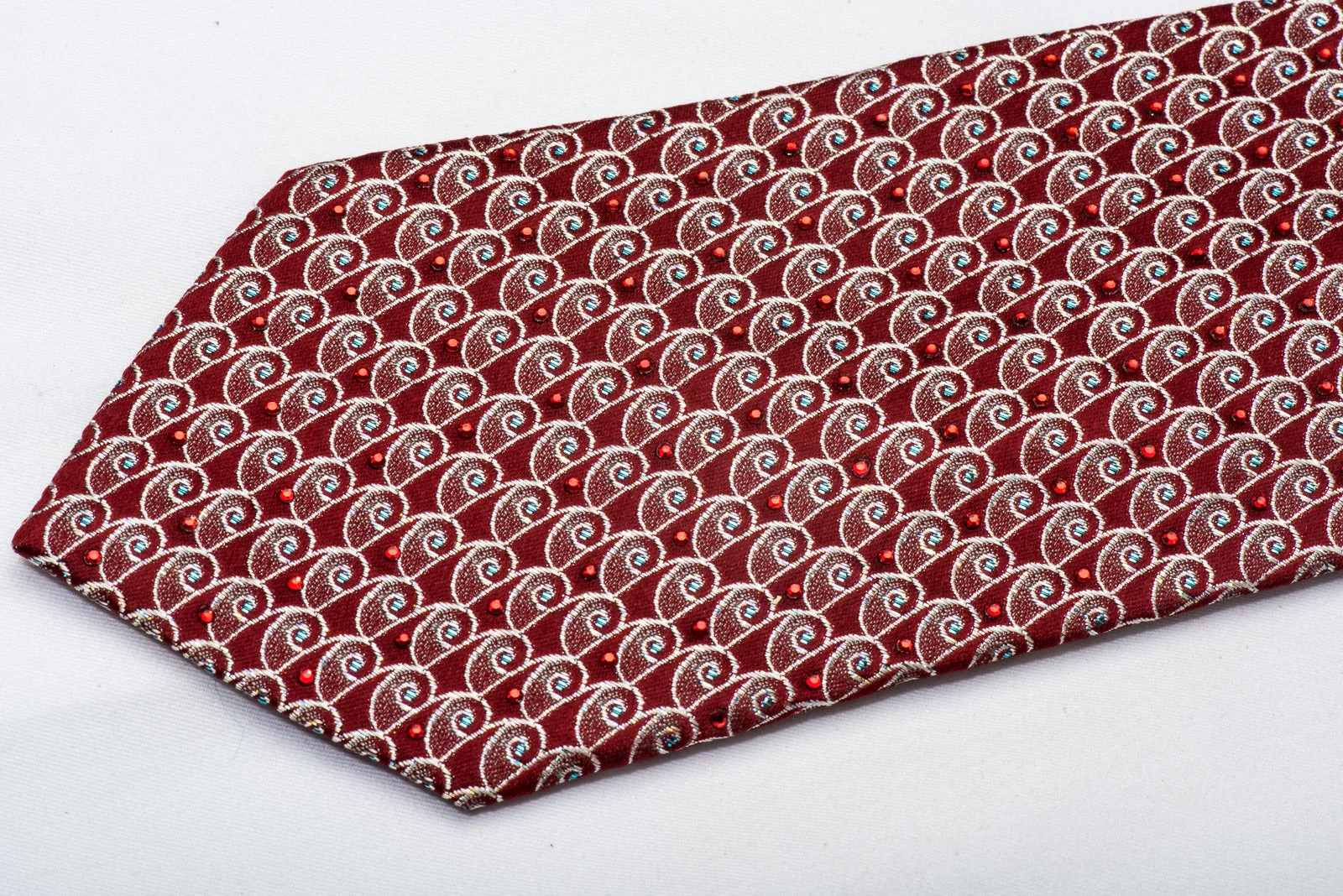 Park Land Men's Rhinestone Silk Necktie Silver Curls On Burgundy With Silver Sparkles - Image 3