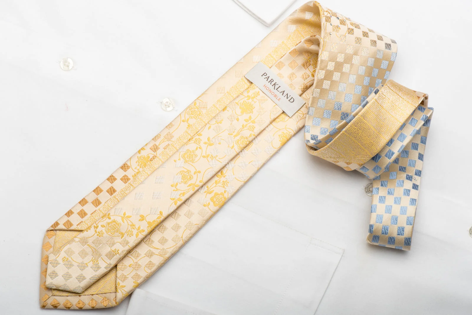 Park Land Men's Silk Necktie Floral Checker On Gold Sparkling With Rhinestones - Image 4