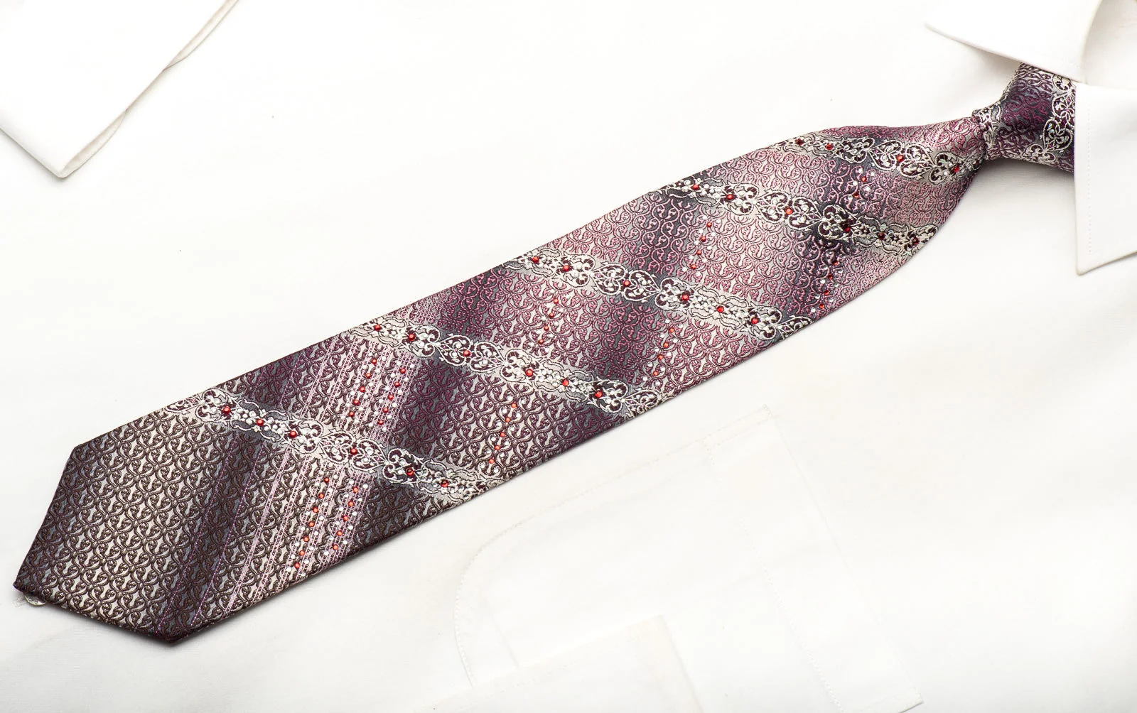 Park Land Men's Silk Necktie Pink Burgundy Cartouche On Silver Sparkling With Rhinestones - Image 4