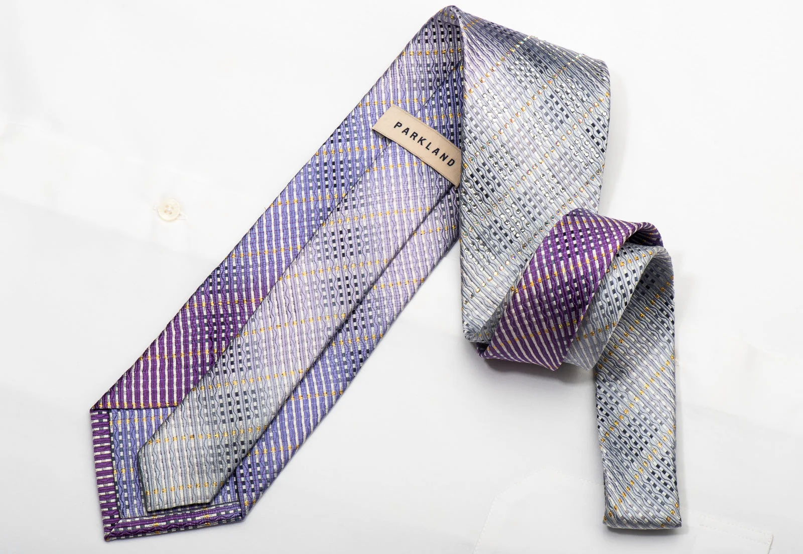 Park Land Men's Silk Necktie Silver Mauve Striped Sparkling With Rhinestones - Image 5