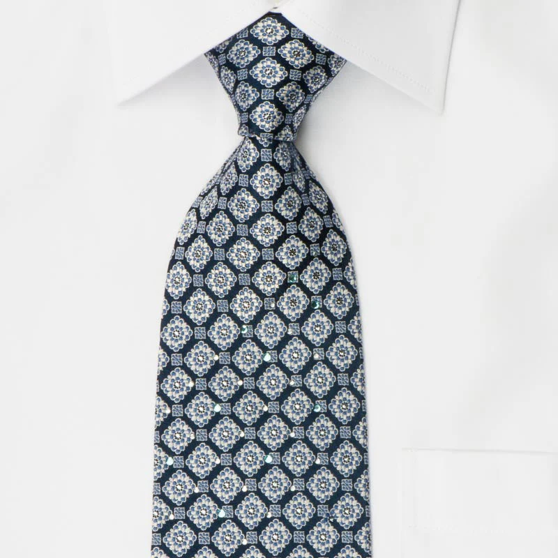 Park Land Men's Silk Rhinestone Necktie Silver Foulard Floral Design On Blue With Sparkles - Image 4