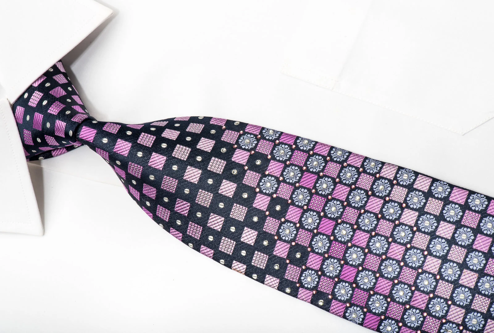 Park Land Mens Rhinestone Silk Necktie Pink Checkered On Blue With Silver Sparkles - Image 2