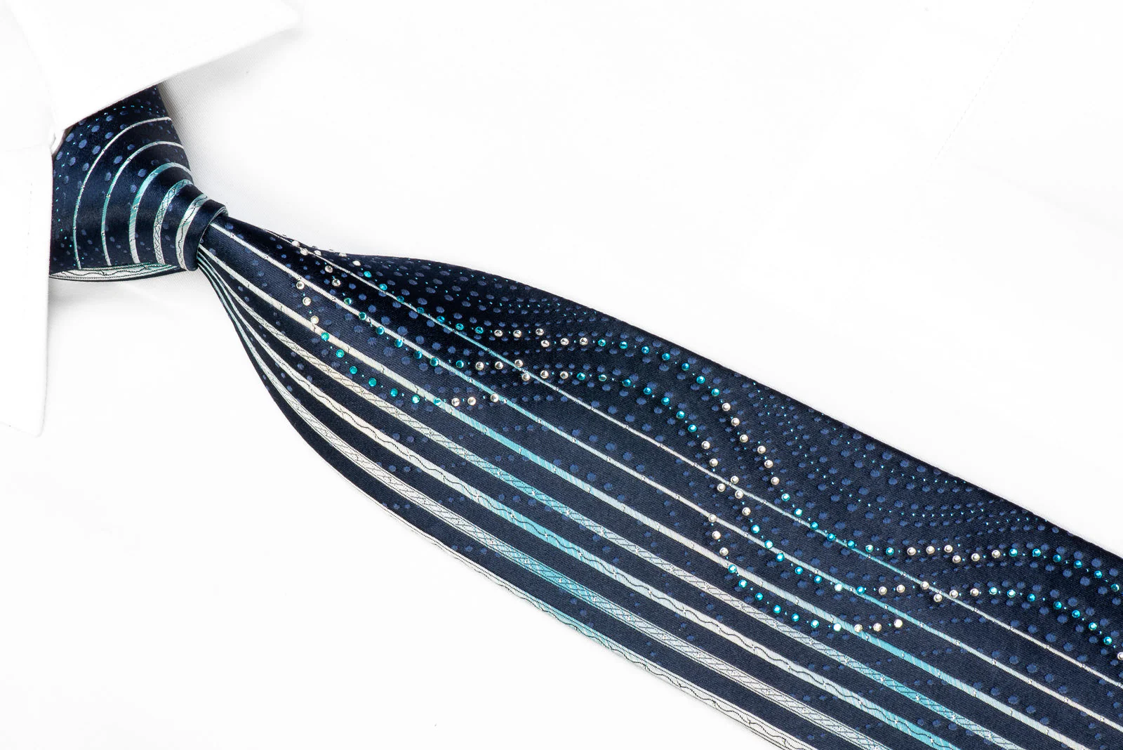 Park Land Mens Rhinestone Tie Vertical Stiped Waves On Blue With Sparkles - Image 2