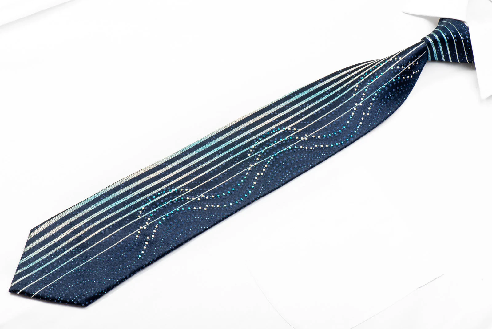 Park Land Mens Rhinestone Tie Vertical Stiped Waves On Blue With Sparkles - Image 3