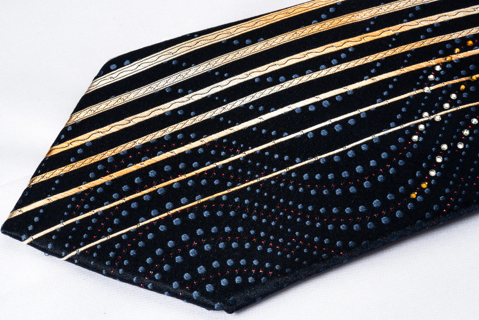 Park Land Rhinestone Necktie Orange Yellow Vertical Stripes On Navy With Silver Sparkles - Image 3