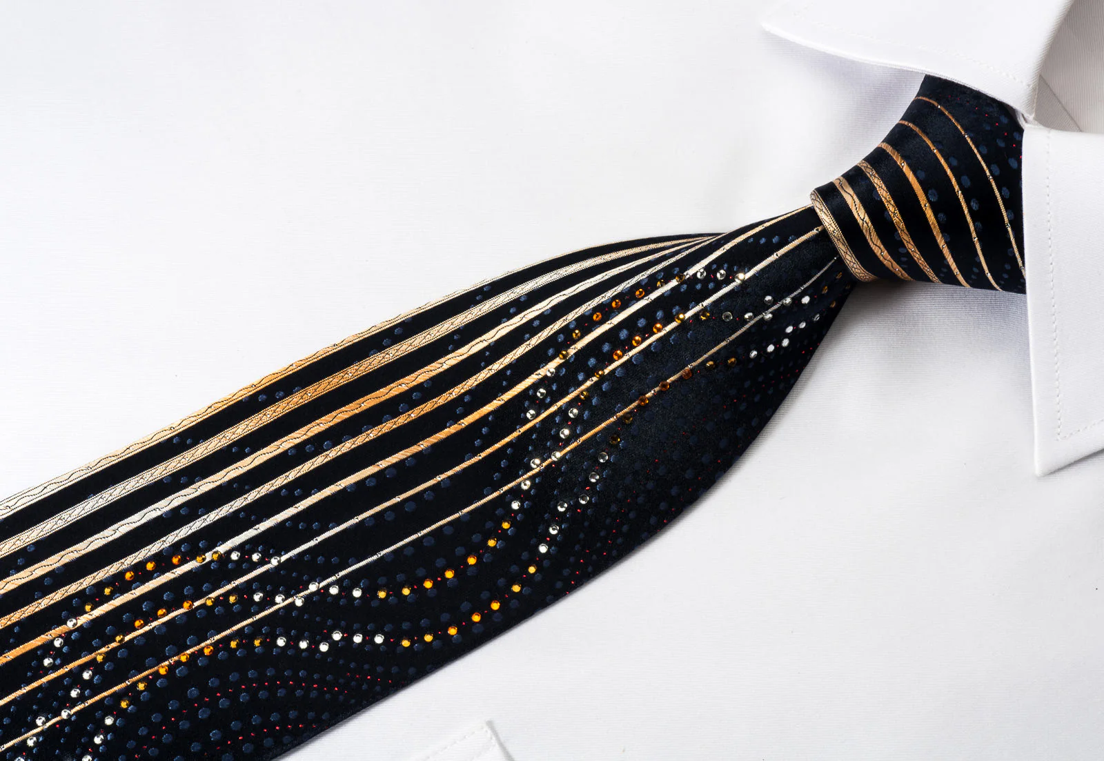 Park Land Rhinestone Necktie Orange Yellow Vertical Stripes On Navy With Silver Sparkles - Image 4