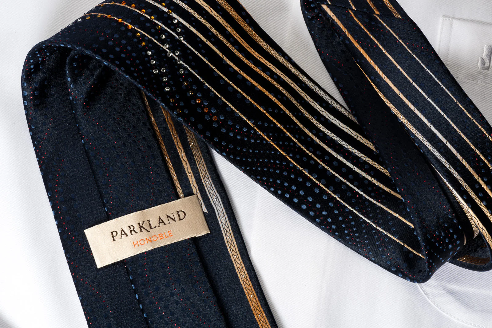 Park Land Rhinestone Necktie Orange Yellow Vertical Stripes On Navy With Silver Sparkles - Image 6