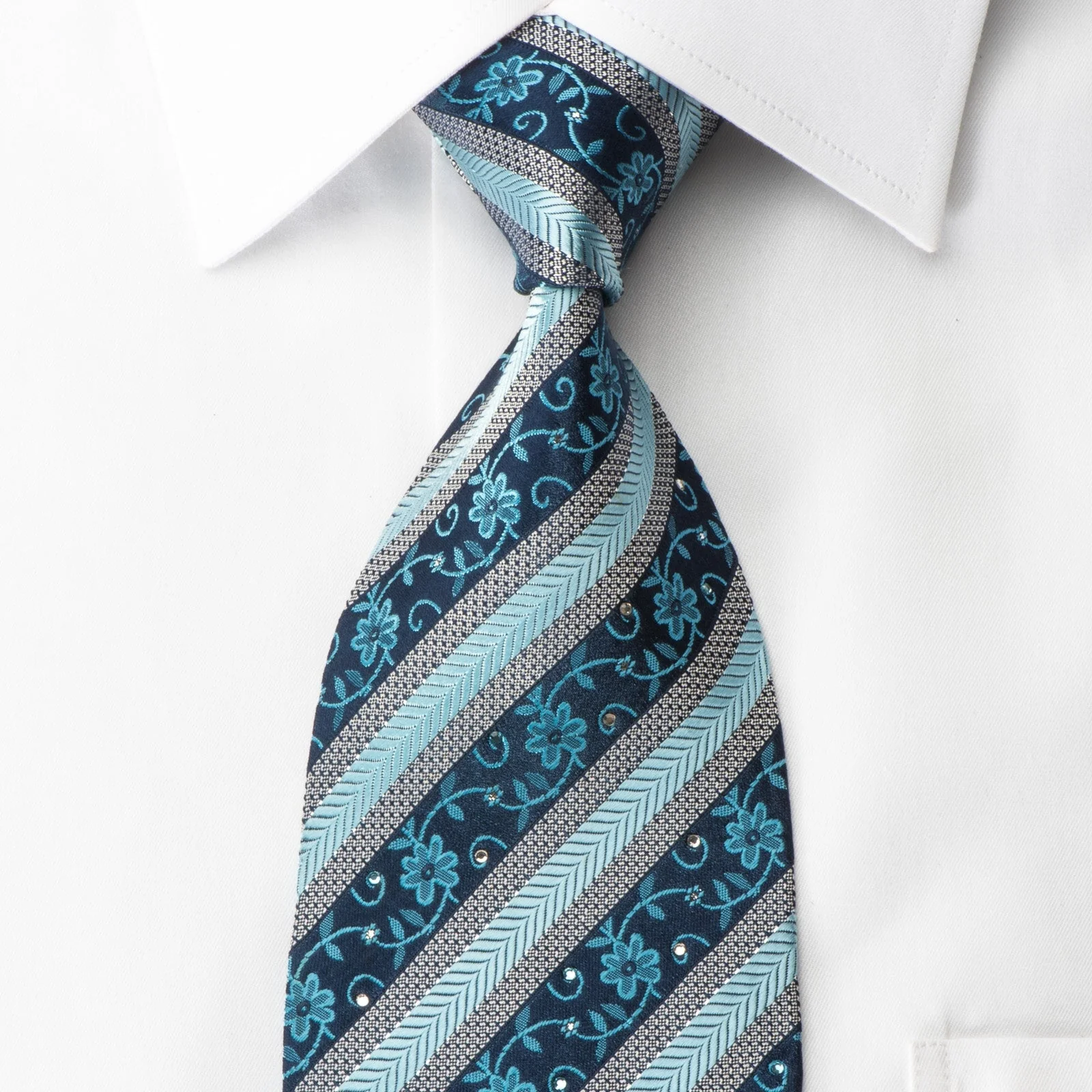 Park Land Rhinestone Silk Necktie Herringbone Stripes On Blue With Silver Sparkles