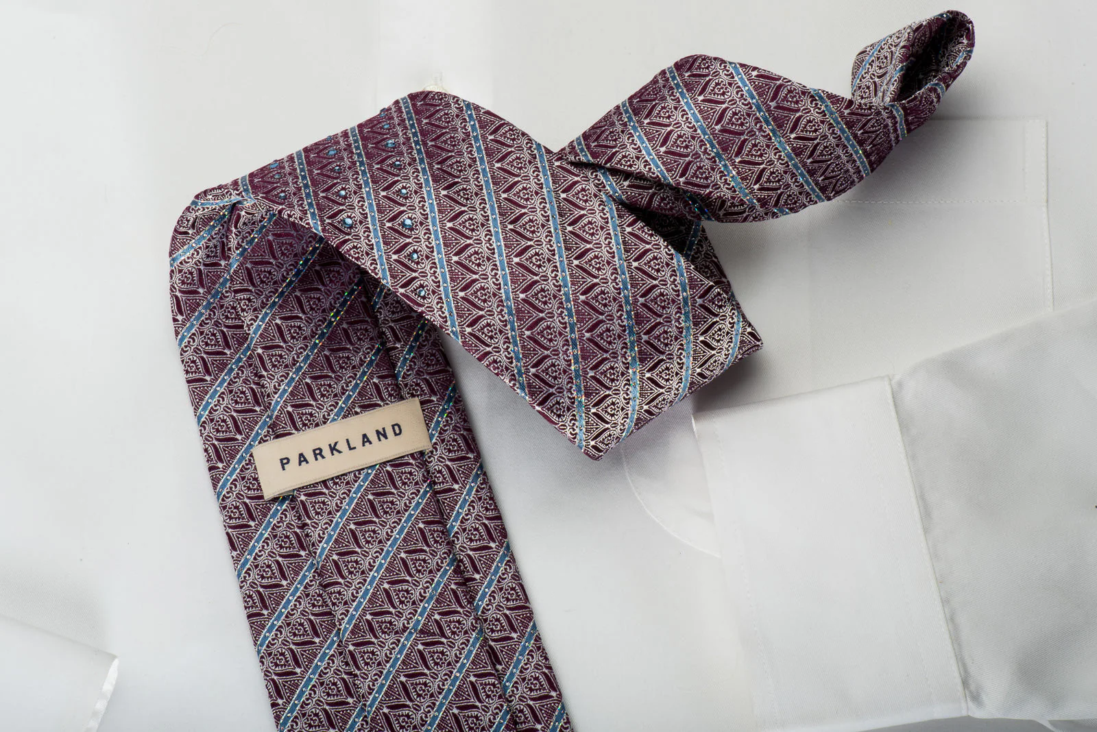 Park Land Rhinestone Silk Necktie Silver Anthemion On Burgundy With Silver Sparkles - Image 3