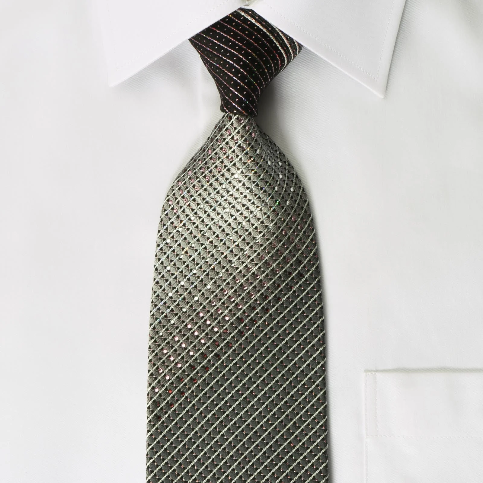 Park Land Rhinestone Silk Tie Silver Striped On Black With Sparkles - Image 5