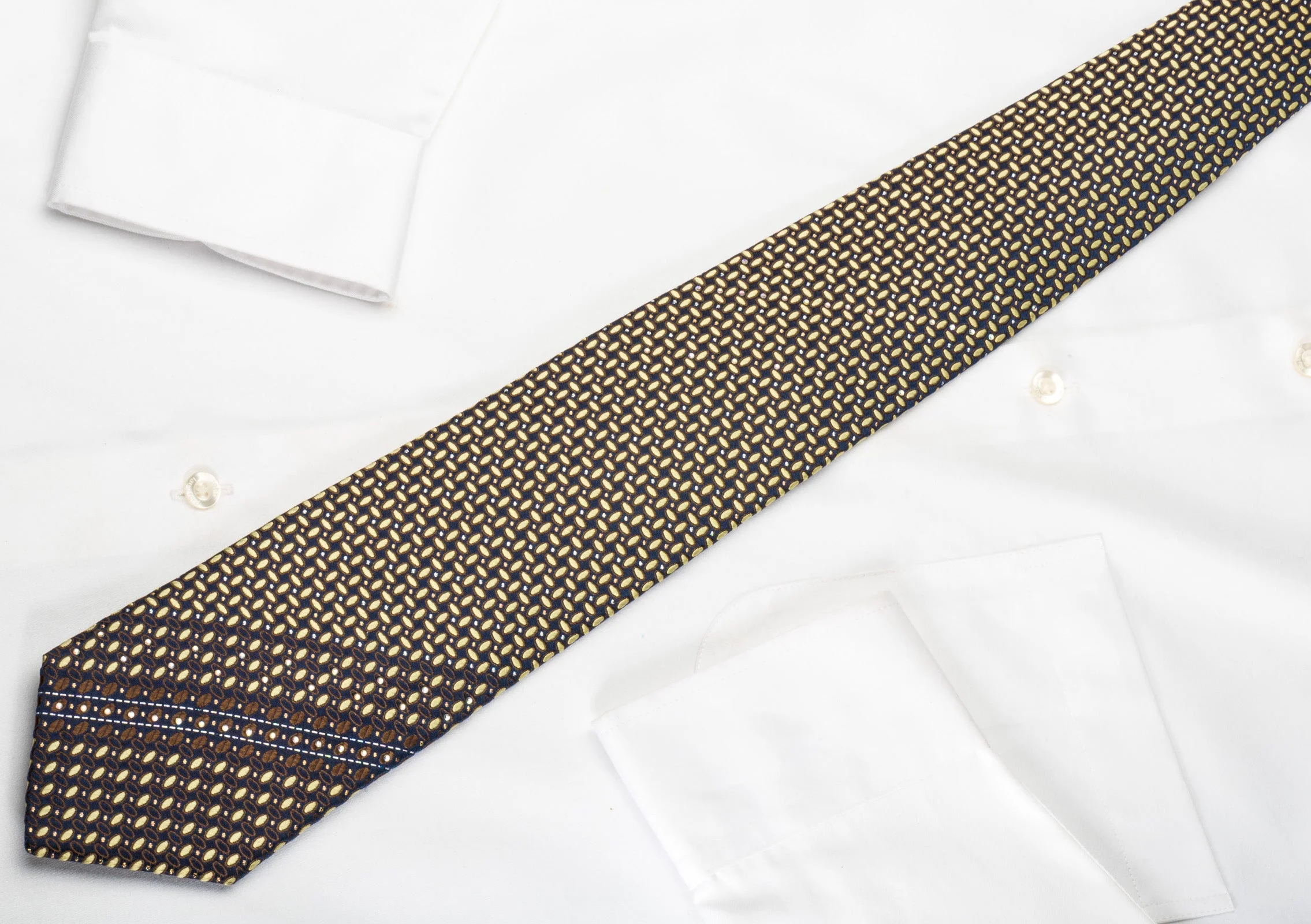 Park Land Silk Rhinestone Necktie Beige Brown Geometric On Navy With Silver Sparkles - Image 3