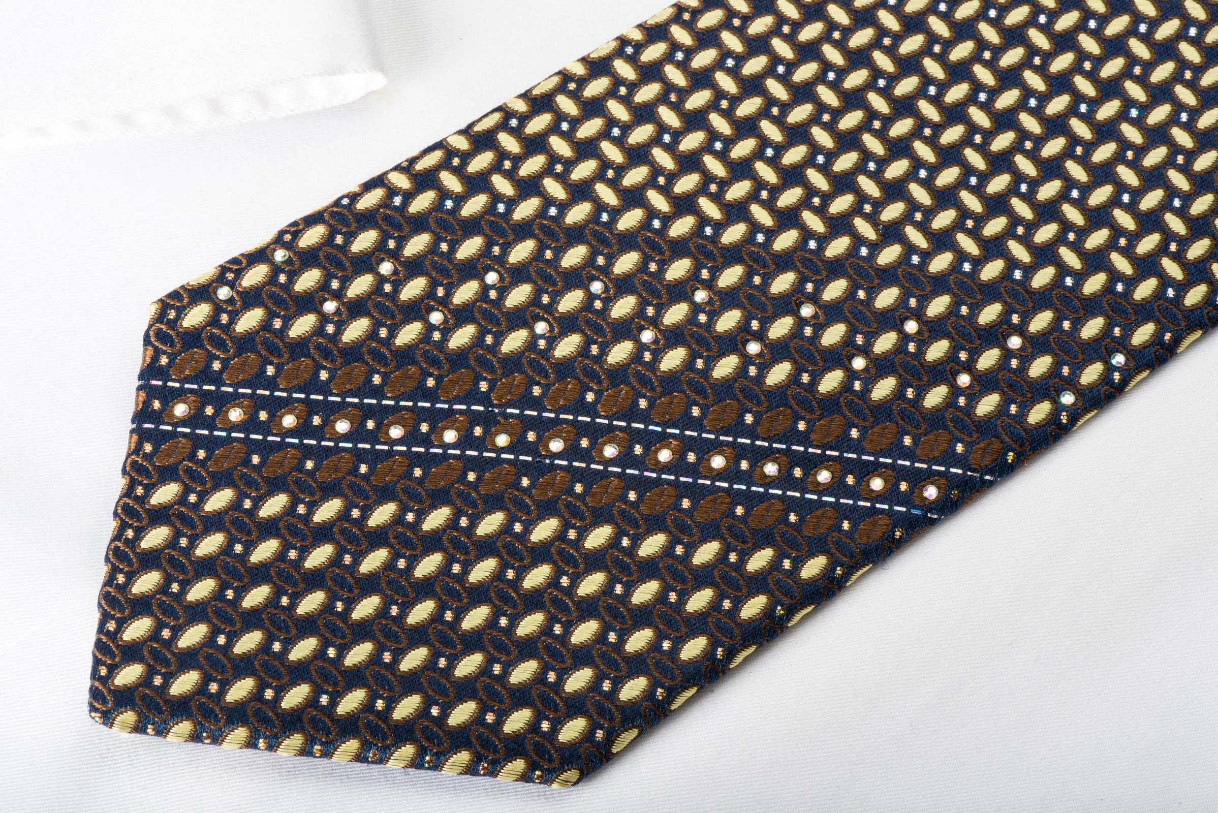 Park Land Silk Rhinestone Necktie Beige Brown Geometric On Navy With Silver Sparkles - Image 5