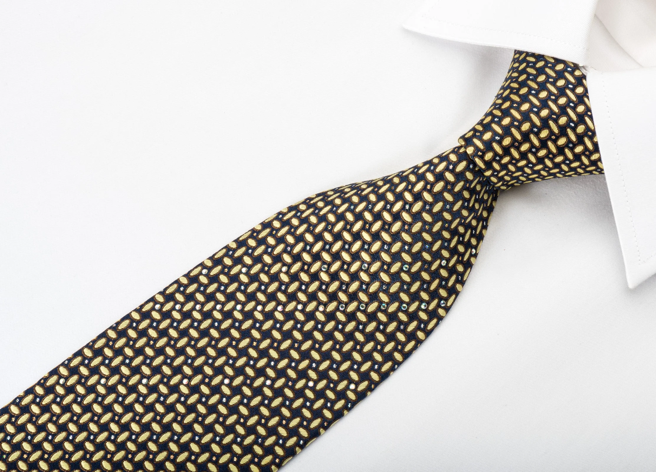 Park Land Silk Rhinestone Necktie Beige Brown Geometric On Navy With Silver Sparkles - Image 6