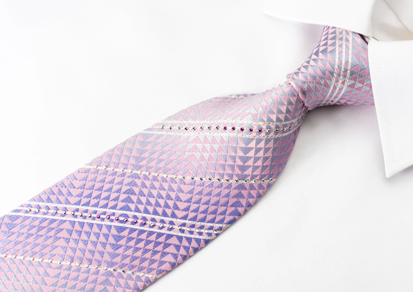 Park Land Silk Rhinestone Necktie Pink Purple Geometric Stripes With Silver Sparkles - Image 6