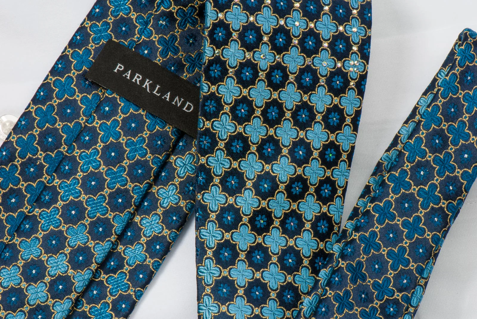 Park Land Silk Rhinestone Necktie Quatrefoil On Blue With Golden Sparkles - Image 2
