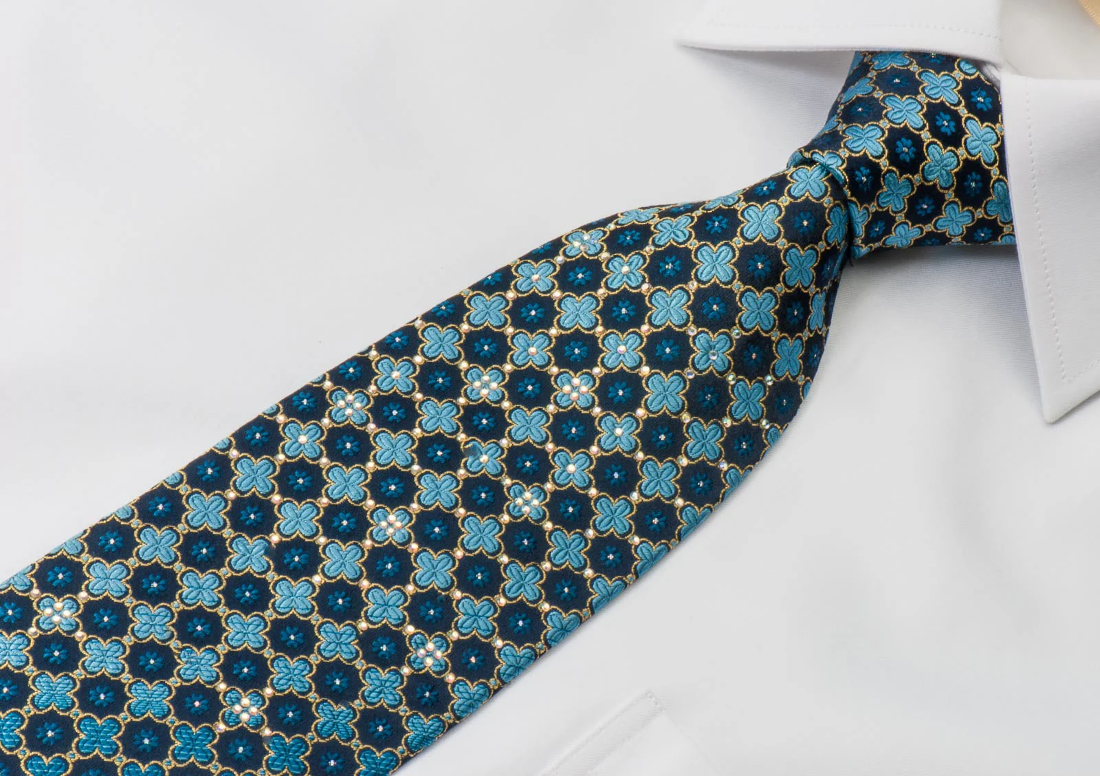 Park Land Silk Rhinestone Necktie Quatrefoil On Blue With Golden Sparkles - Image 4