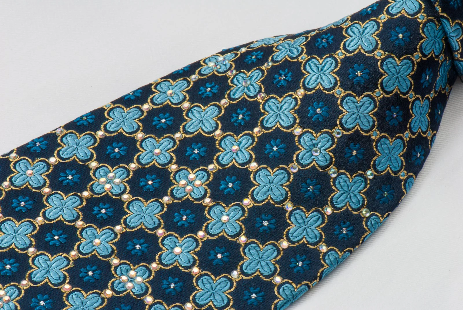 Park Land Silk Rhinestone Necktie Quatrefoil On Blue With Golden Sparkles - Image 7