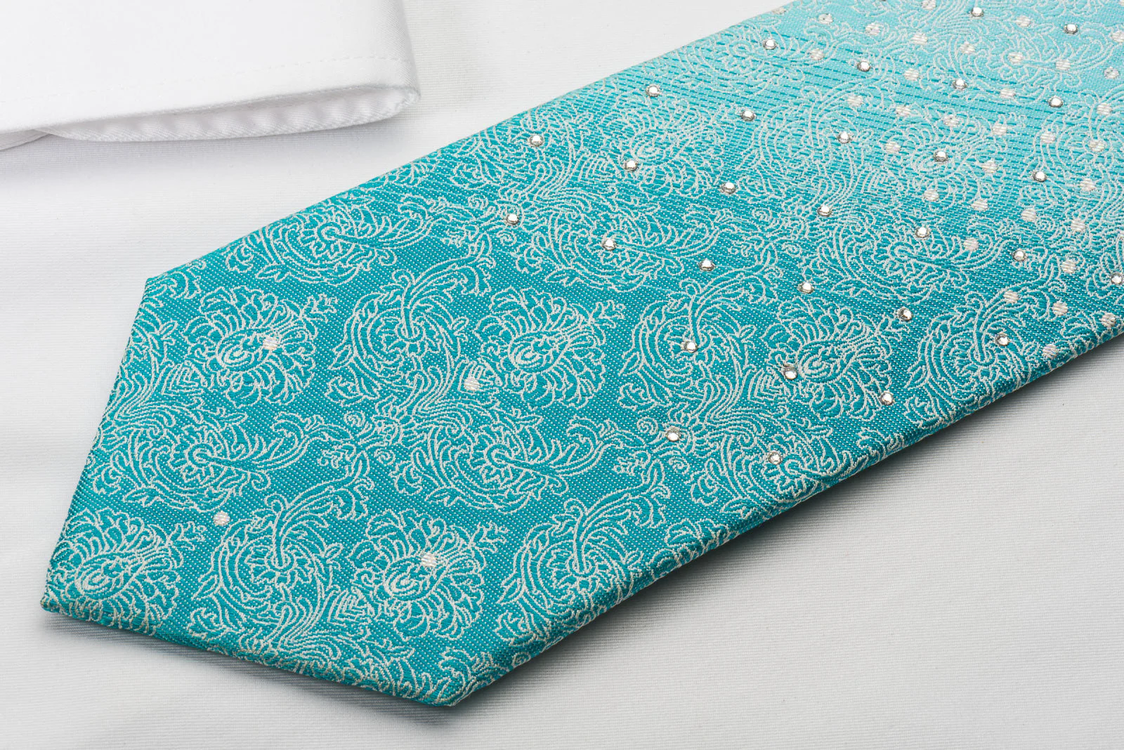 Park Land Silk Rhinestone Necktie Silver Damask On Blue Turquoise With Silver Sparkles - Image 3