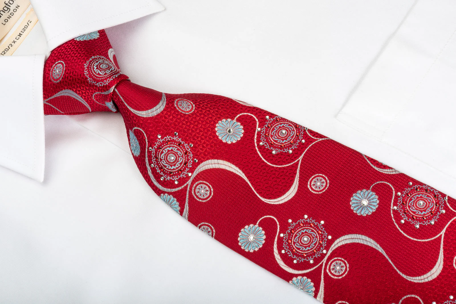 Park Land Silk Tie Silver Blue Medallion Floral With Waves On Red & Rhinestones - Image 2