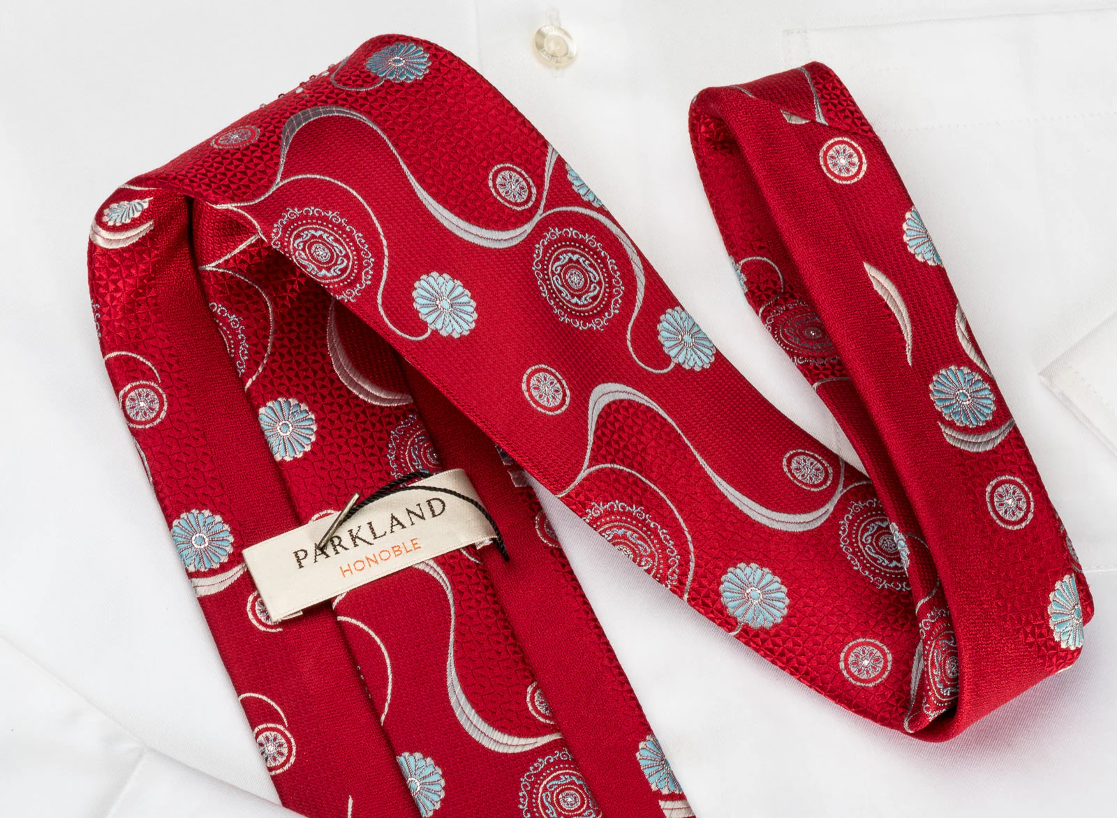 Park Land Silk Tie Silver Blue Medallion Floral With Waves On Red & Rhinestones - Image 3