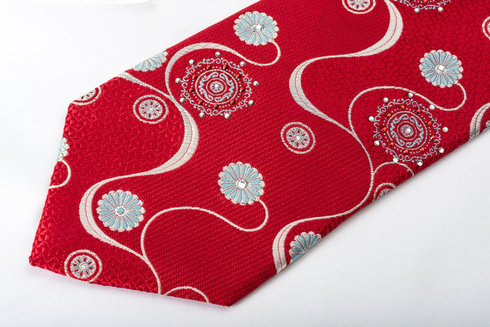 Park Land Silk Tie Silver Blue Medallion Floral With Waves On Red & Rhinestones - Image 4