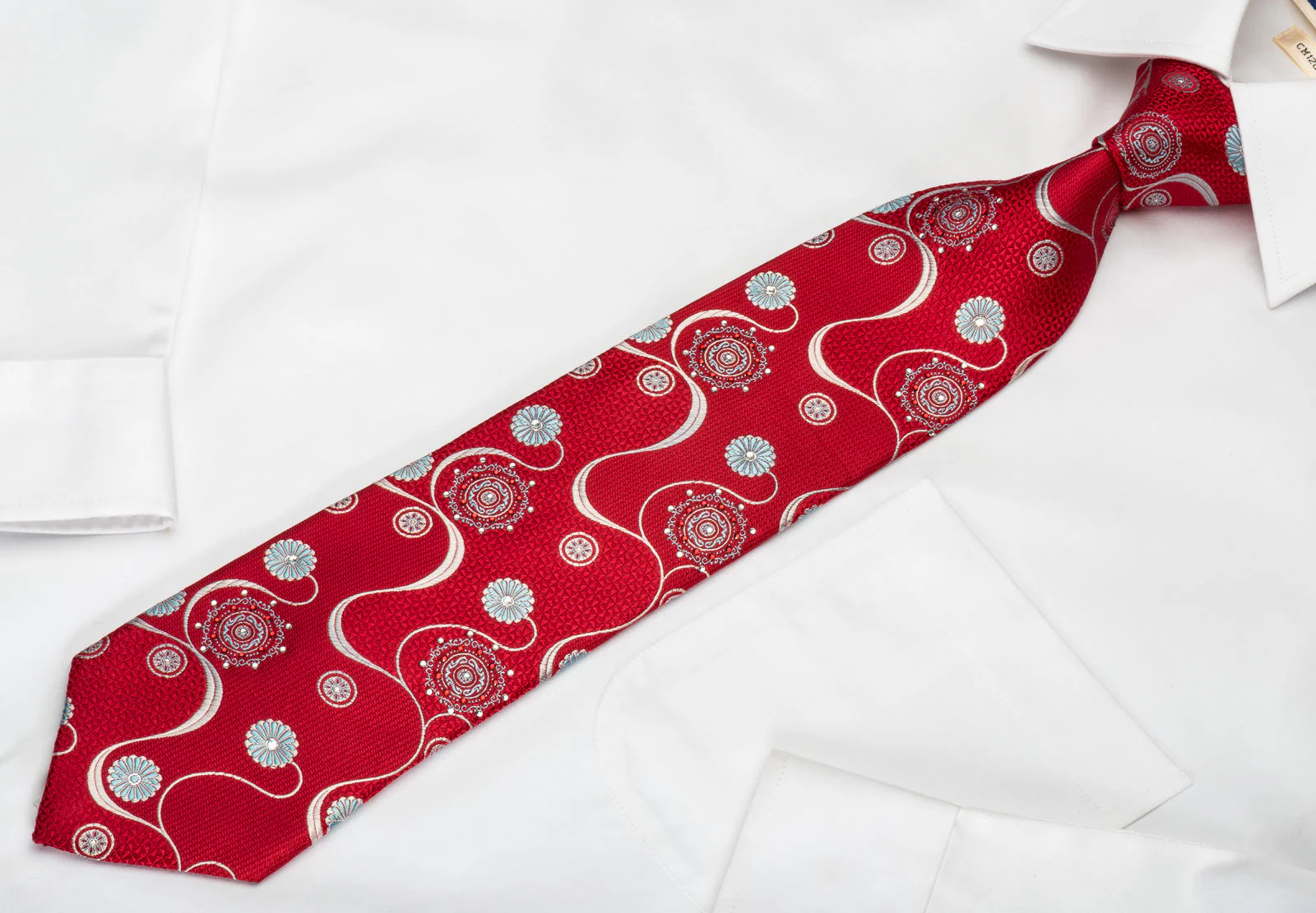 Park Land Silk Tie Silver Blue Medallion Floral With Waves On Red & Rhinestones - Image 5