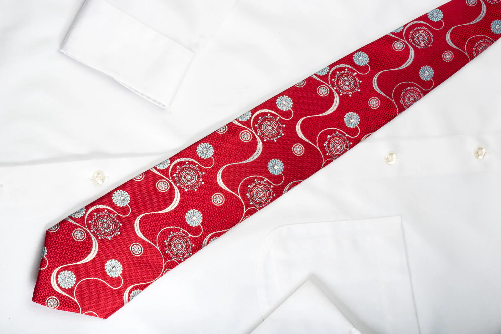 Park Land Silk Tie Silver Blue Medallion Floral With Waves On Red & Rhinestones - Image 6