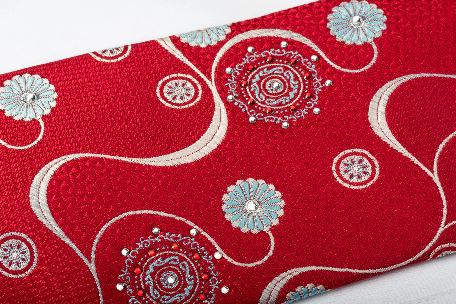 Park Land Silk Tie Silver Blue Medallion Floral With Waves On Red & Rhinestones - Image 7