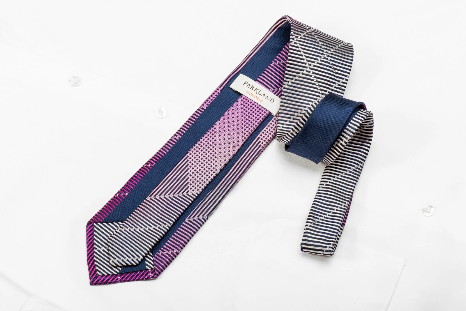 Parkland Men's Crystal Rhinestone Silk Necktie Blue Purple Geometric Stripe Design - Image 4