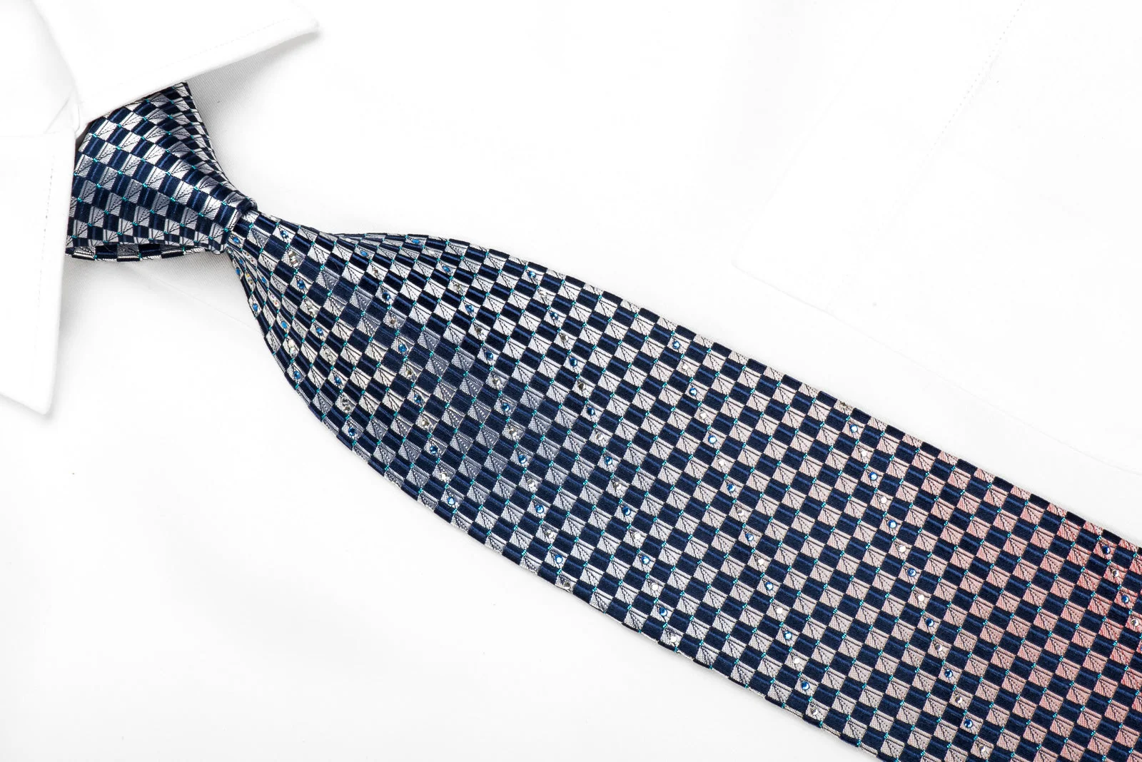 Men's Crystal Silk Necktie Blue Silver Orange Checkered With Blue Sparkles - Image 3