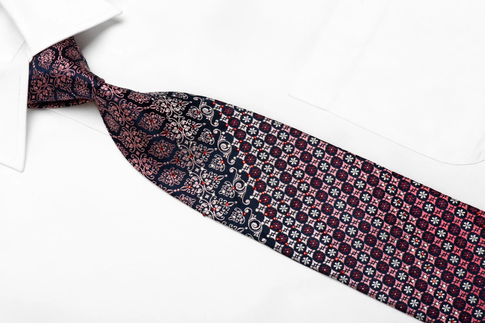 Parkland Men's Crystal Silk Tie Pink Cartouche On Navy With Silver Sparkles - Image 2