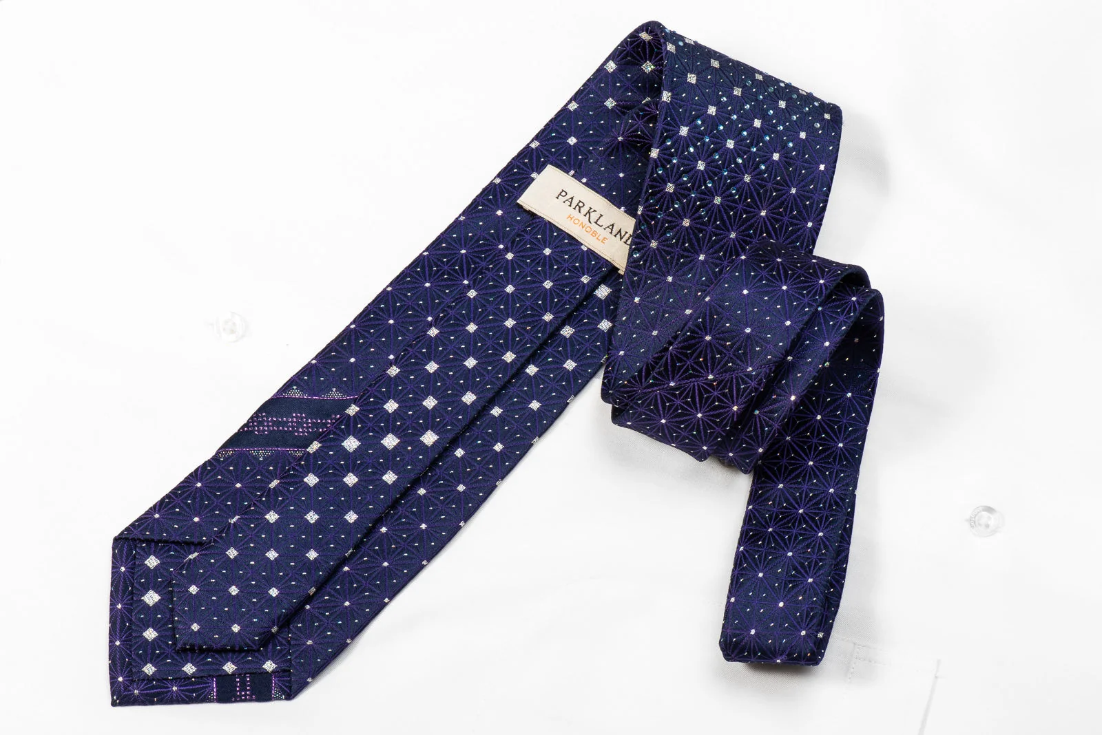 Parkland Men's Crystal Silk Tie Purple Trellis Silver Squares On Navy With Sparkles - Image 4