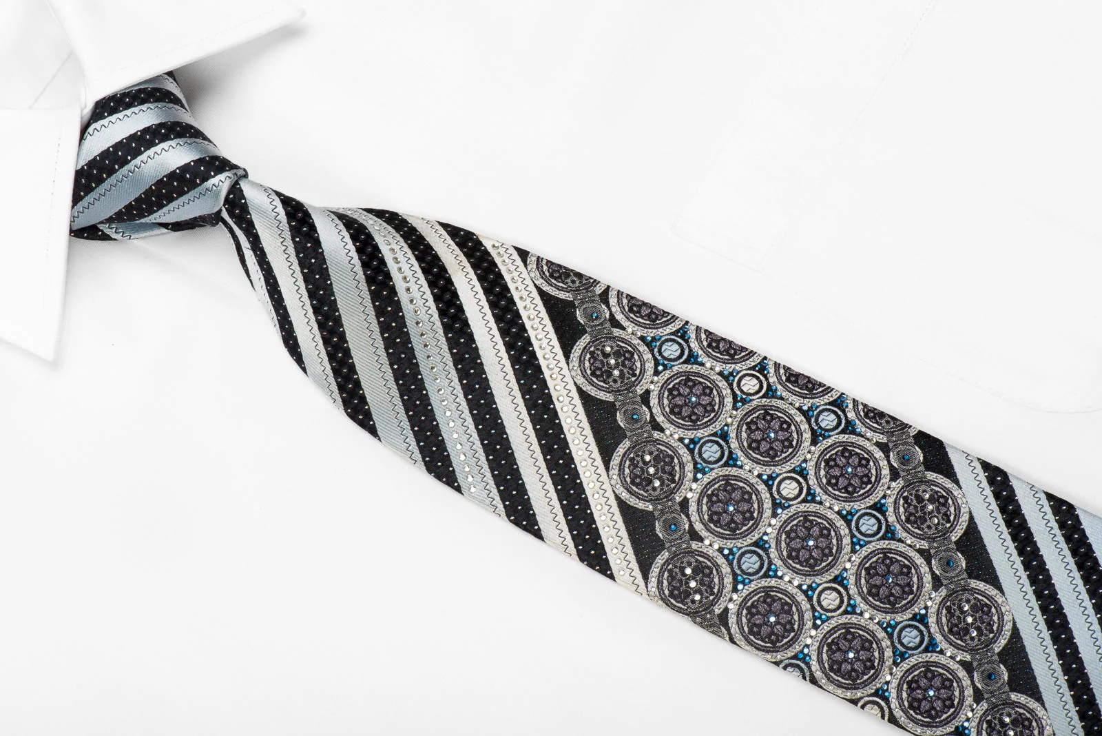 Parkland Men's Crystal Silk Tie Silver Stripes & Medallions On Black With Silver Sparkles - Image 3