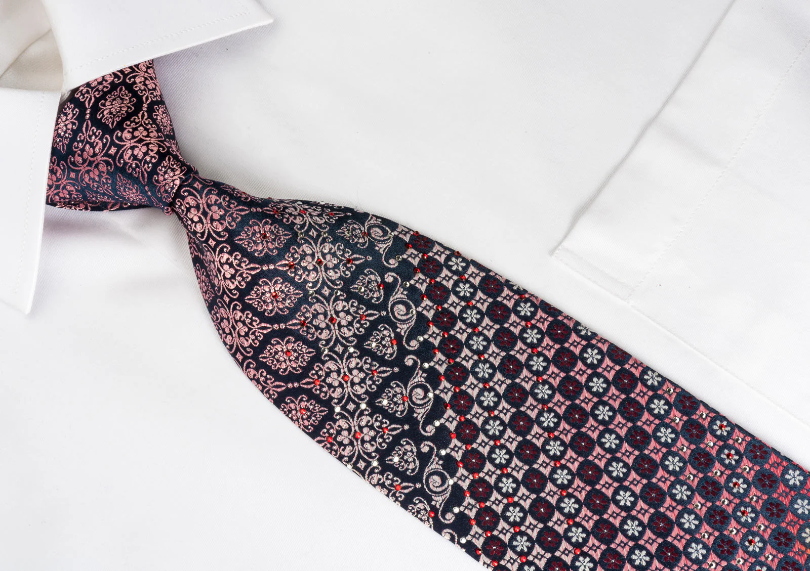 Parkland Mens Rhinestone Silk Necktie Burgundy Cartouche Foulard On Black With Silver Sparkles - Image 5