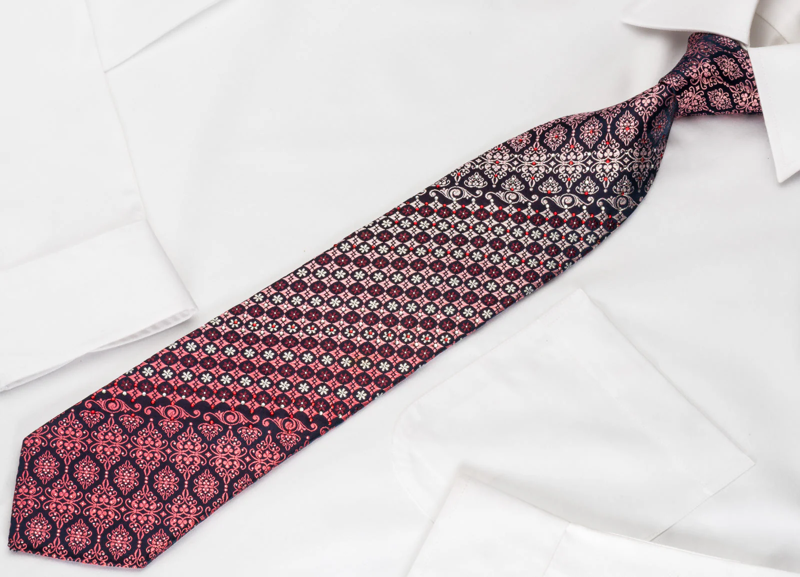 Parkland Mens Rhinestone Silk Necktie Burgundy Cartouche Foulard On Black With Silver Sparkles - Image 6