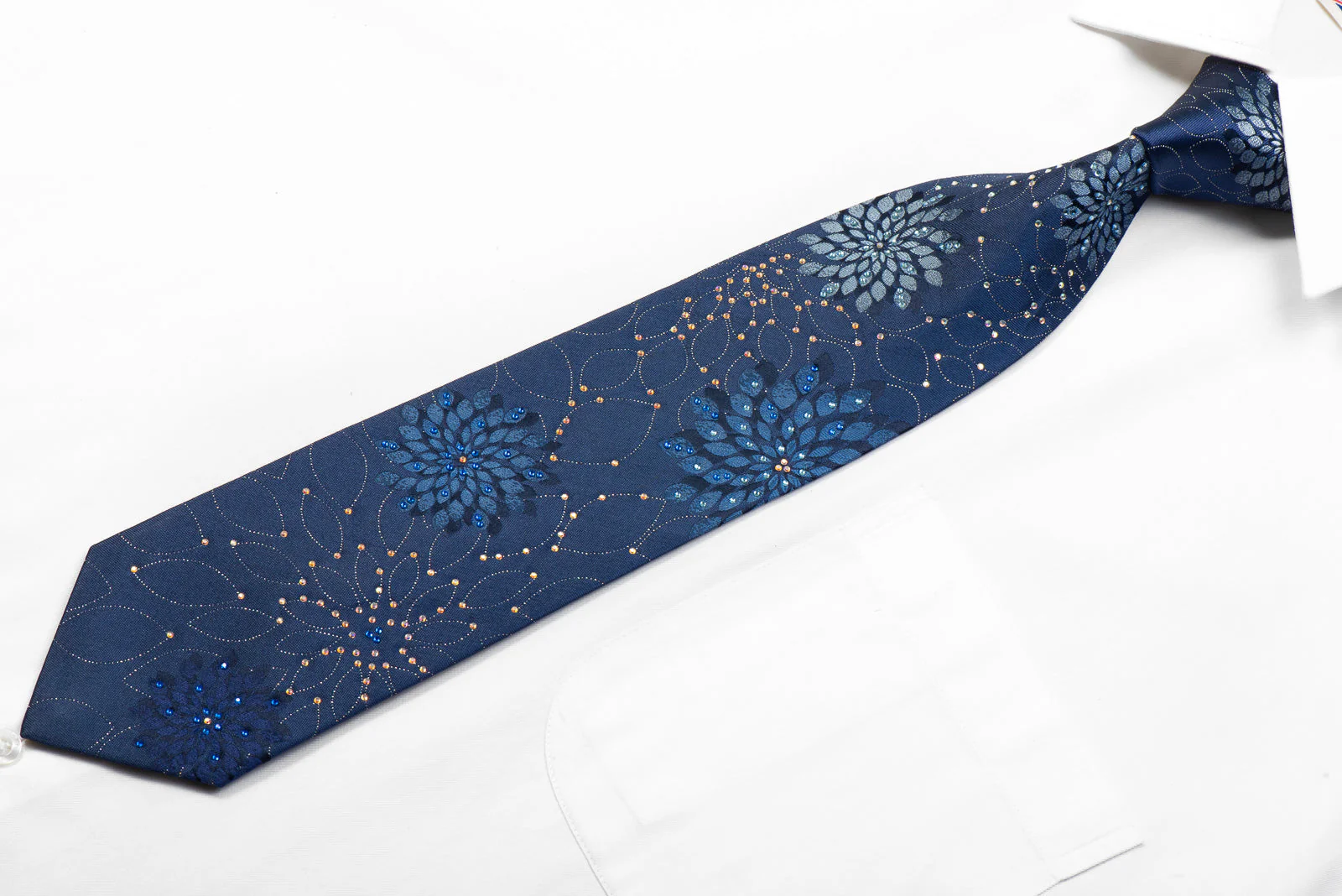 Parkland Mens Rhinestone Silk Tie Geometric Floral On Blue With Sparkles - Image 3