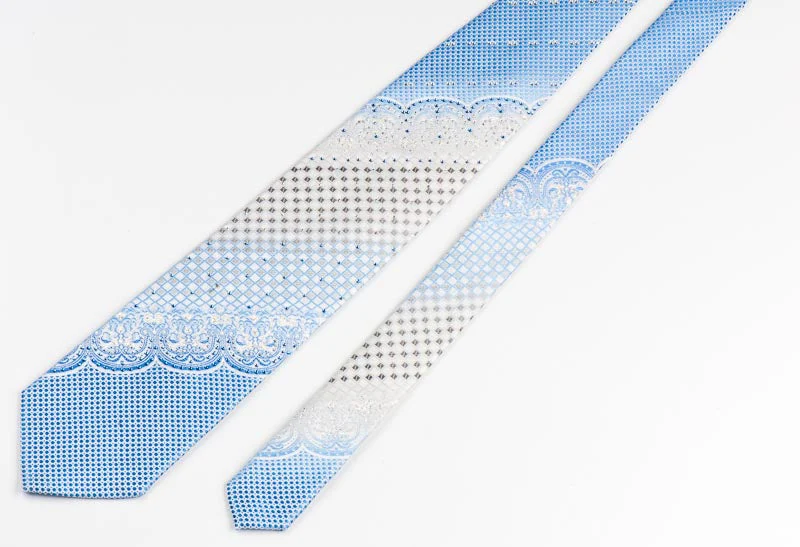 Parkland Rhinestone Silk Necktie Blue Dots, Checks & Damask Design On White - Image 3
