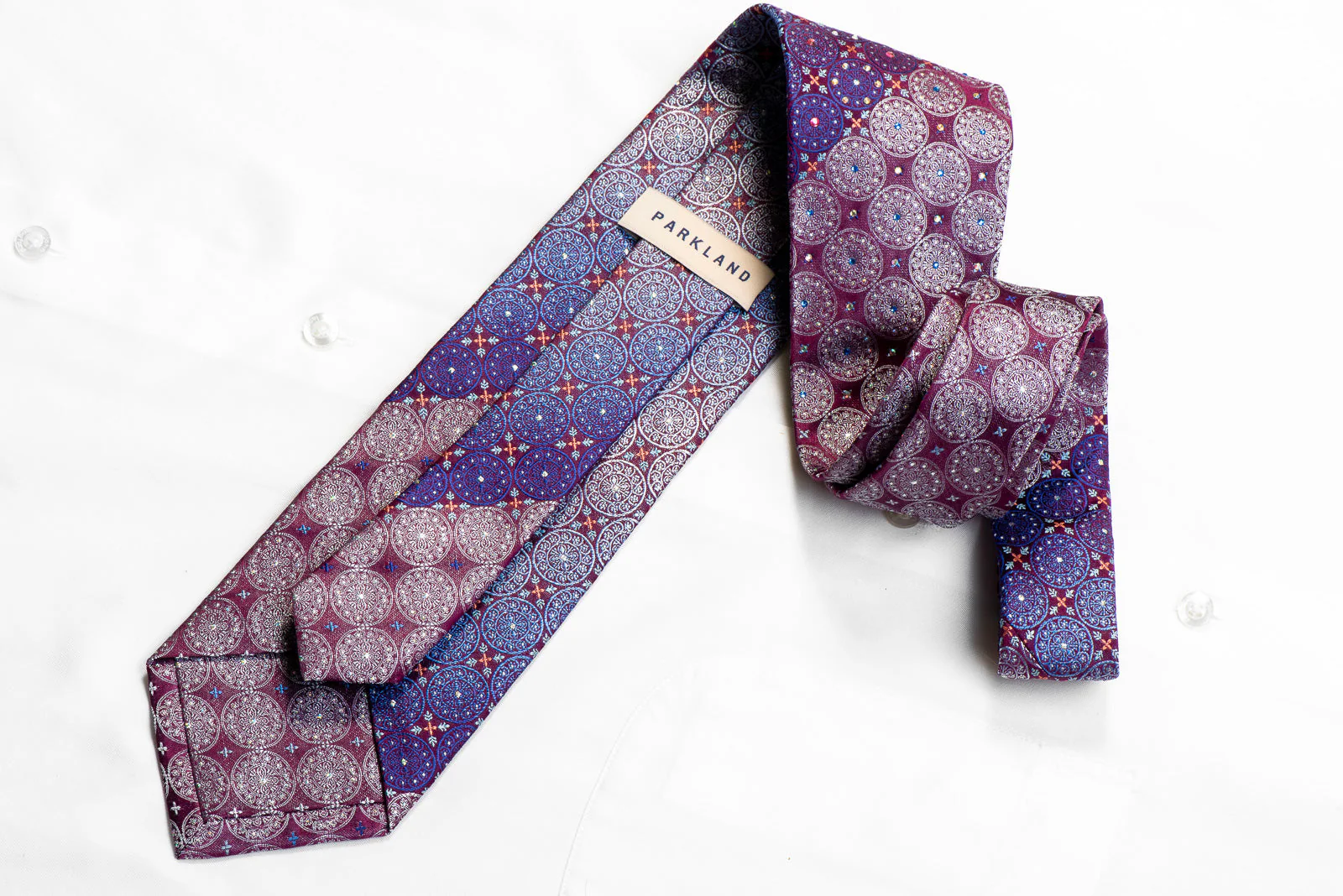 Parkland Rhinestone Silk Necktie Silver Blue Medallions On Burgundy With Sparkles - Image 5