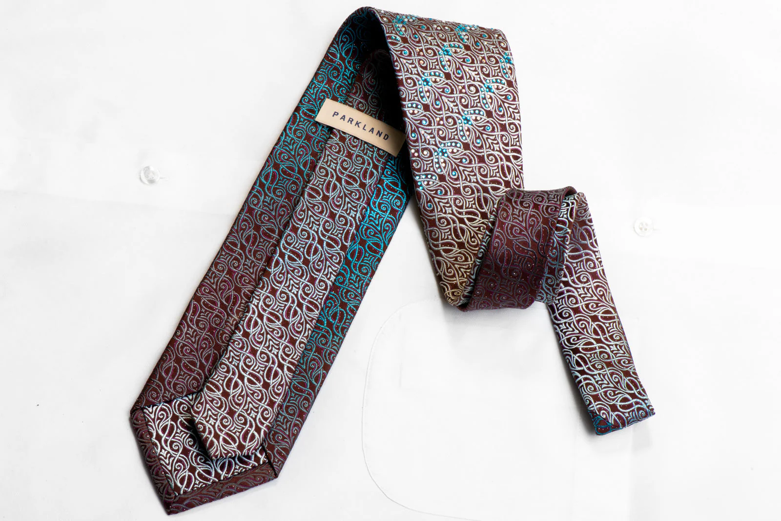 Parkland Rhinestone Silk Tie Silver Teal Anthemion Waves On Brown With Sparkles - Image 5
