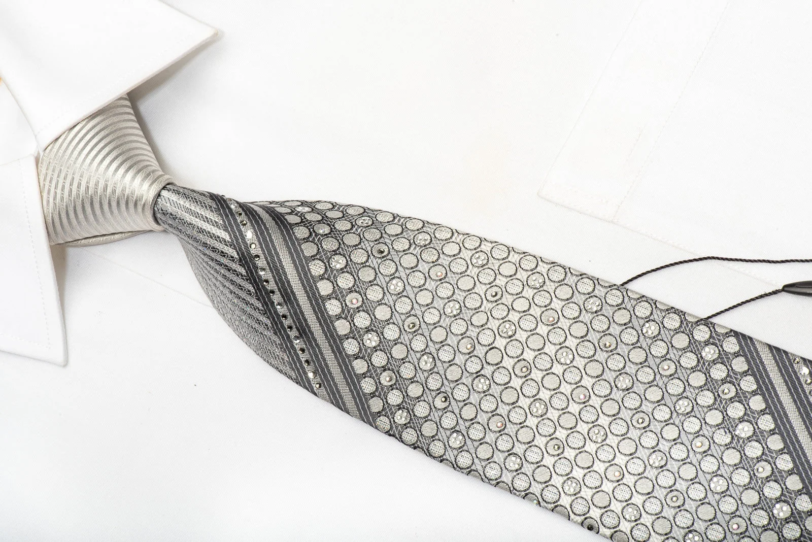 Paul Major Men's Rhinestone Silk Necktie Geometric & Striped On Silver White With Sparkles - Image 2