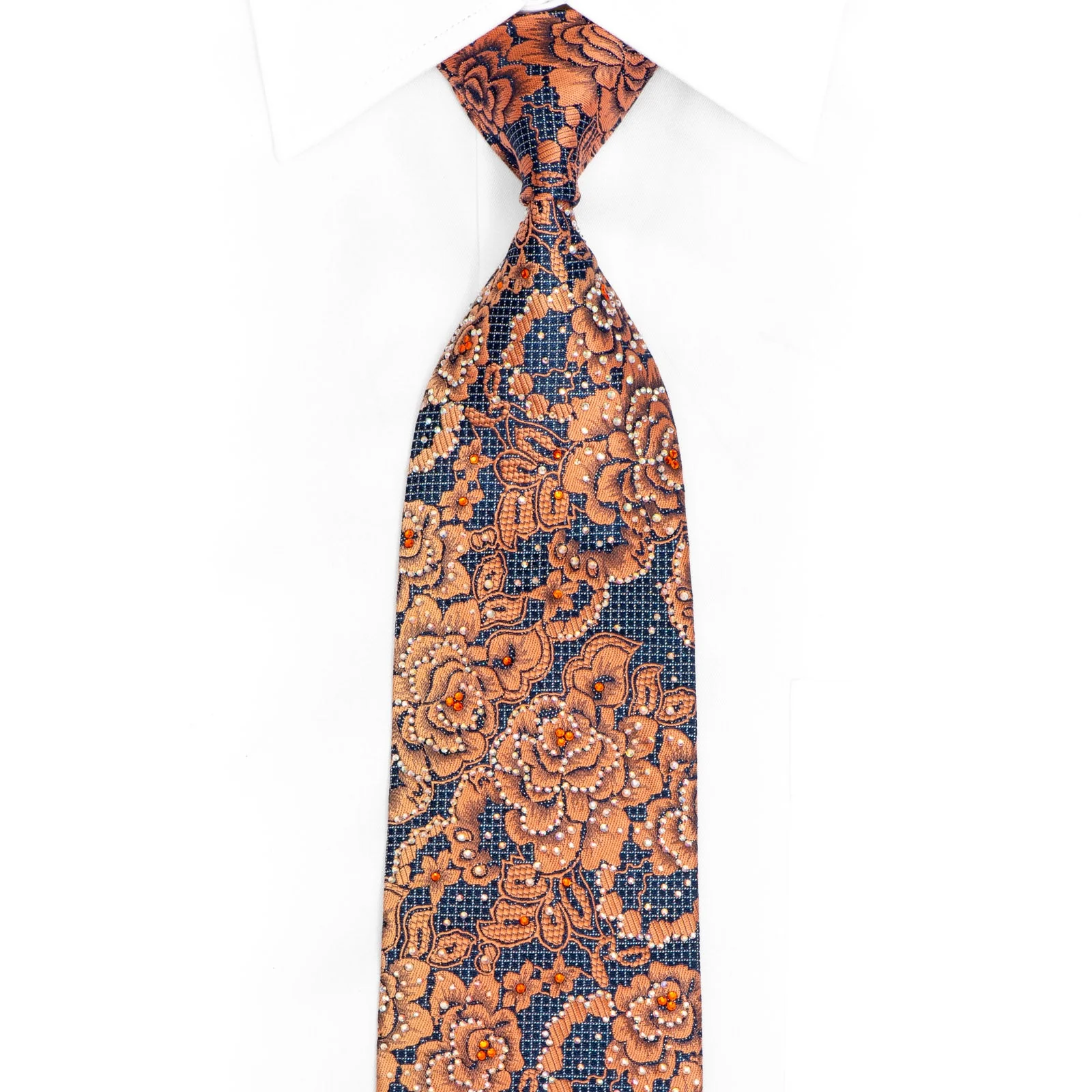 Peach Floral On Navy Rhinestone Silk Tie With Orange Rhinestones & Silver Sparkles