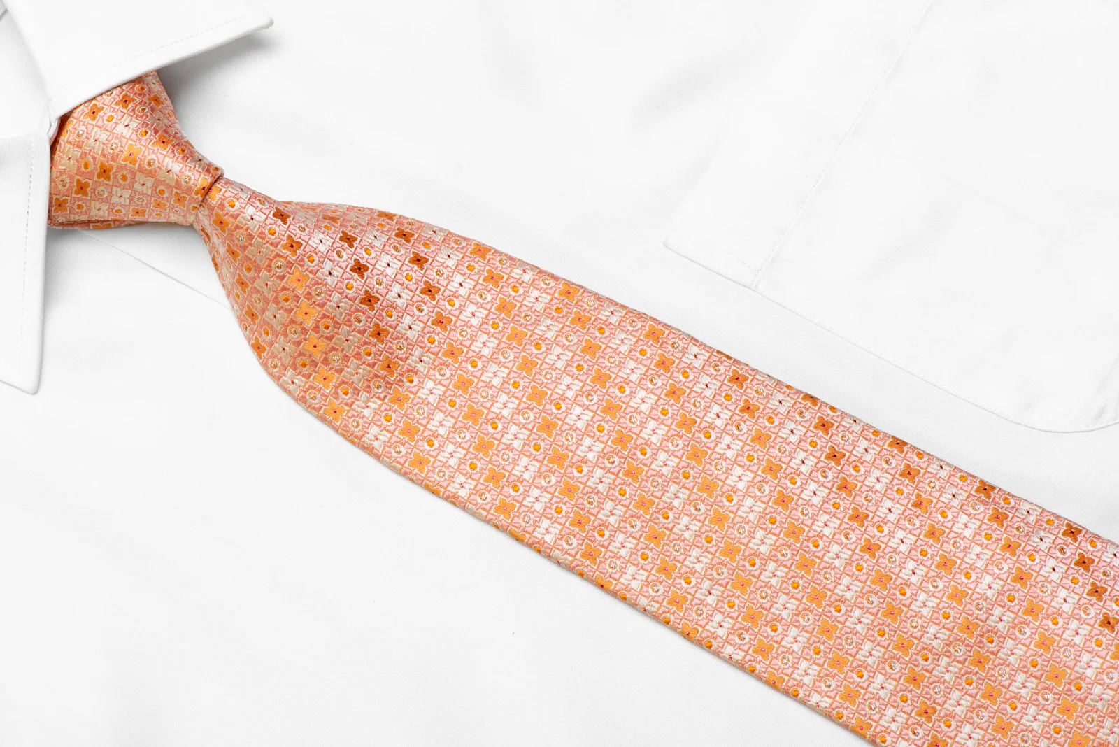 Peach Orange Foulard Men's Silk Necktie With Silver Purple Sparkles - Image 2